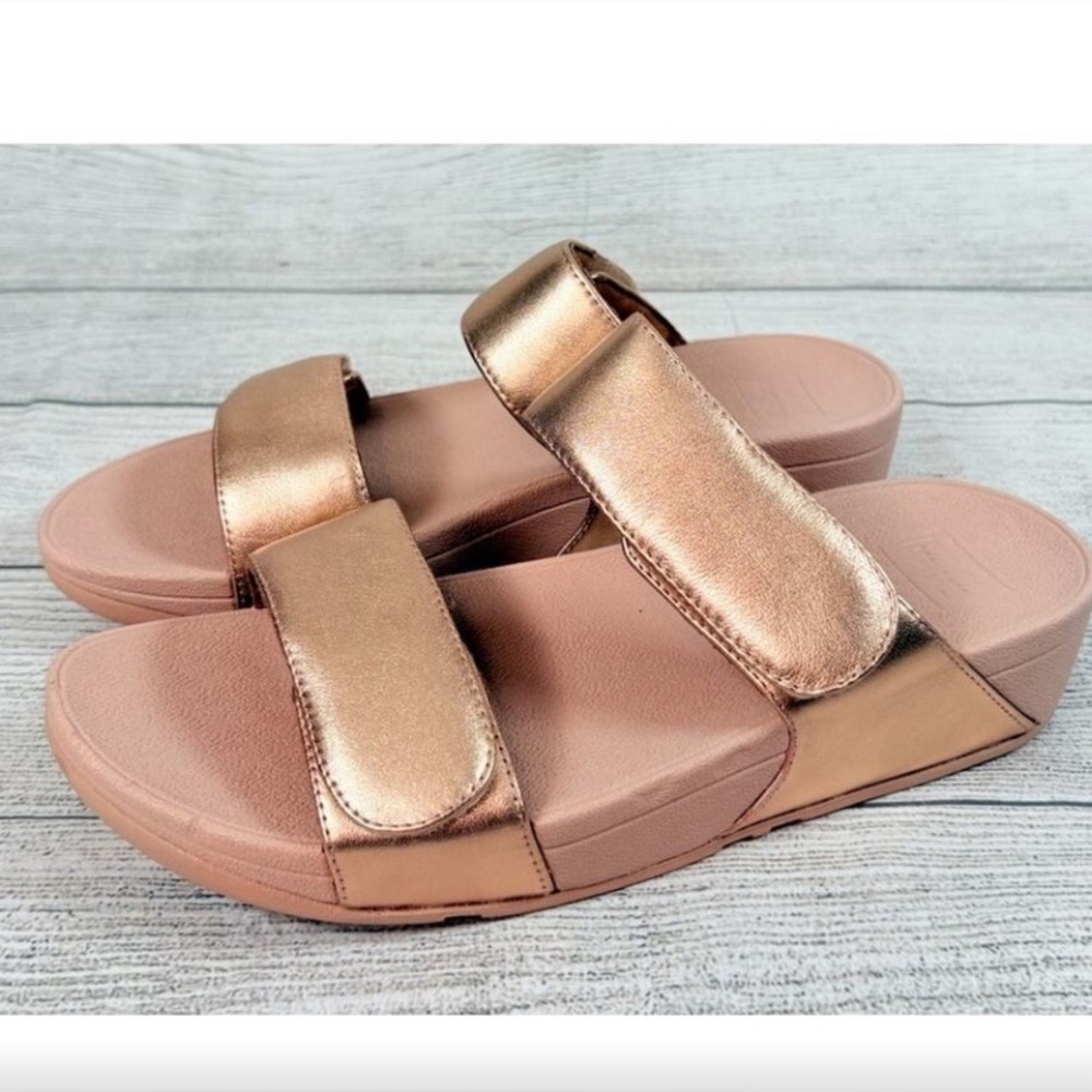 Fitflop LULU Adjustable Leather Slides Rose Gold Sandals